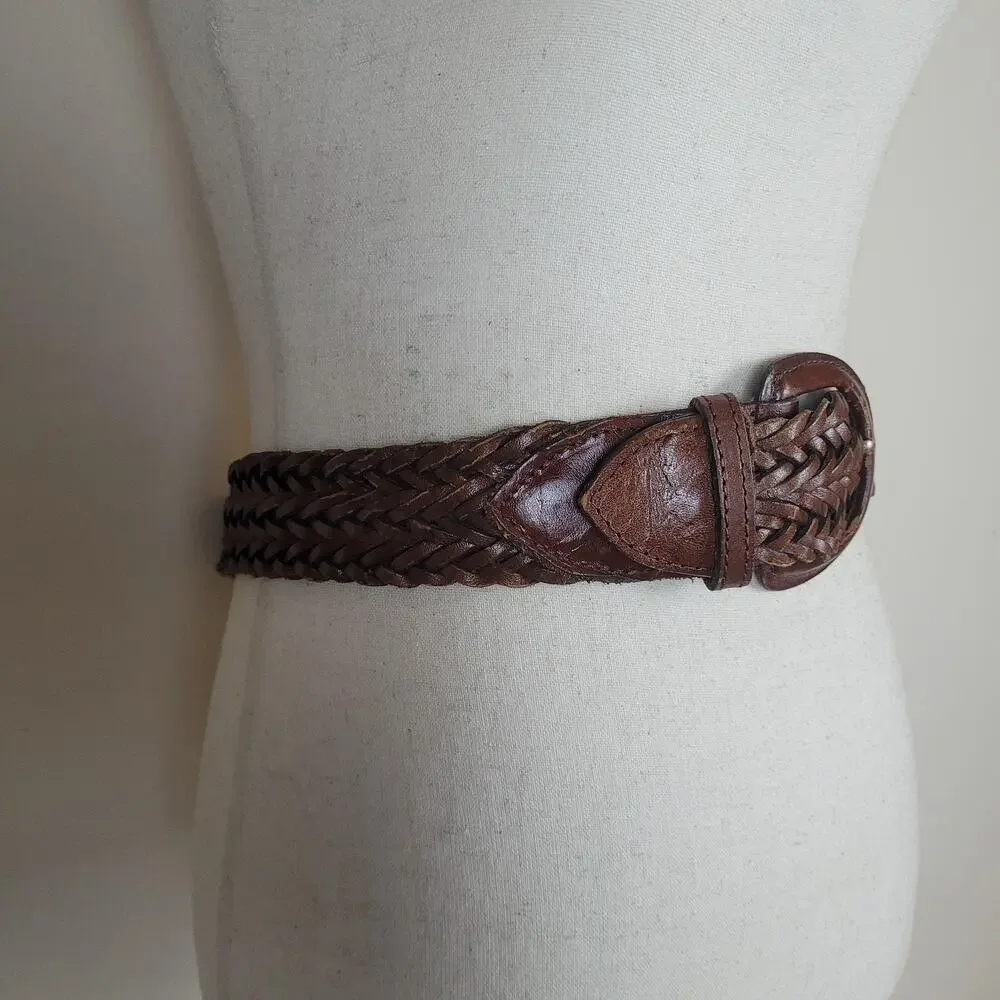 The Ritz Accessory Collection Belt Medium Brown Leather Braided Woven Wide Boho